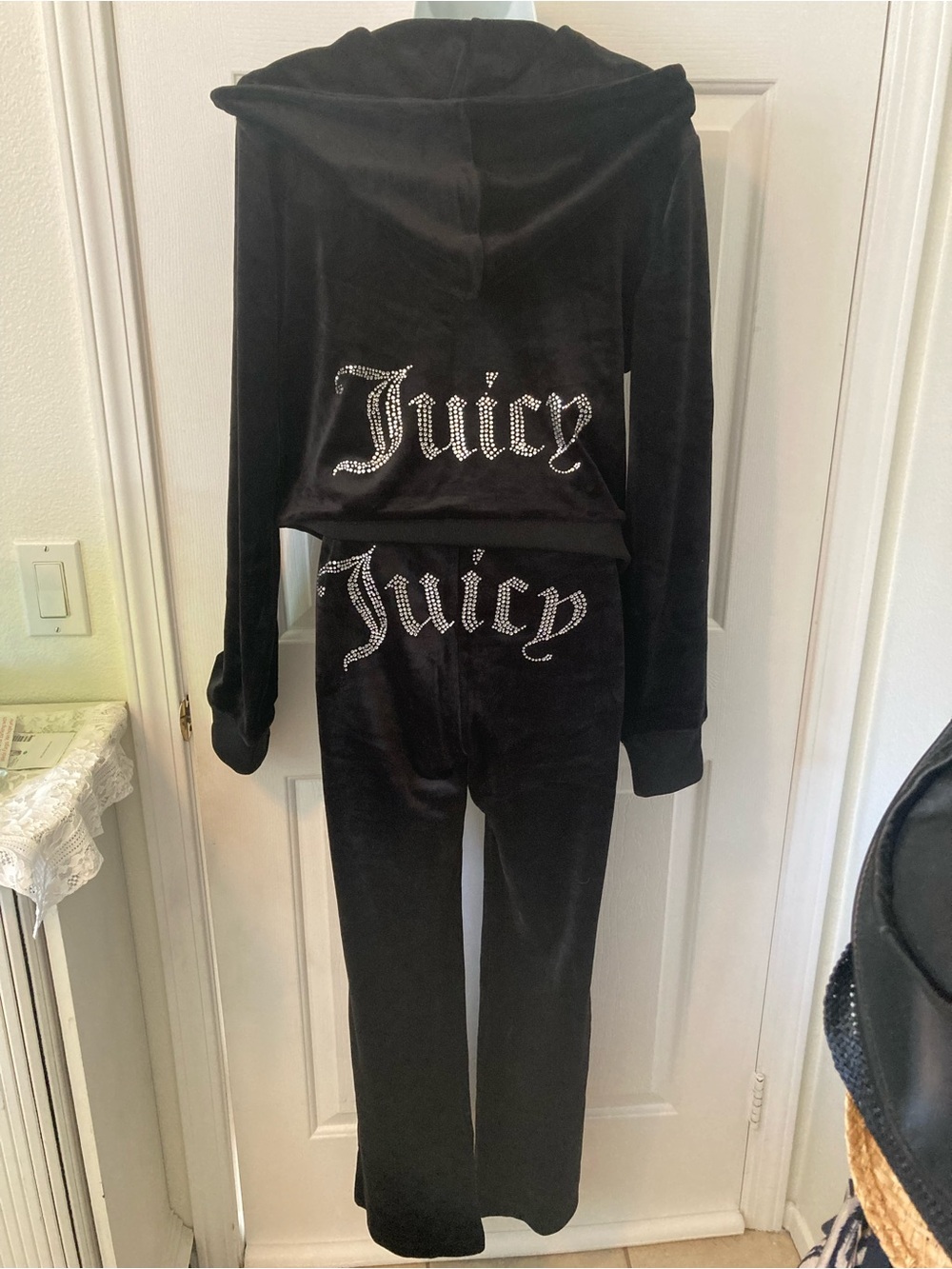 New Juicy Couture Black Velour Rhinestone Logo Track Pants Med & Hoodie LG Set .